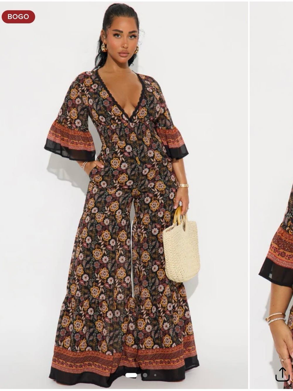 Boho Floral Wide-Leg Jumpsuit in Black with Rust and Pink Accents